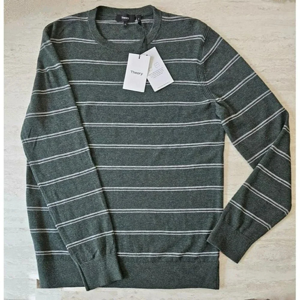 Theory Men's Riland Striped Pullover Sweater Crew Neck Green Size S (MSRP $325)